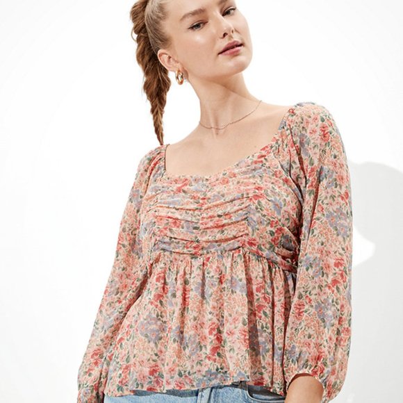 American Eagle Ruched Babydoll Top - Picture 1 of 6